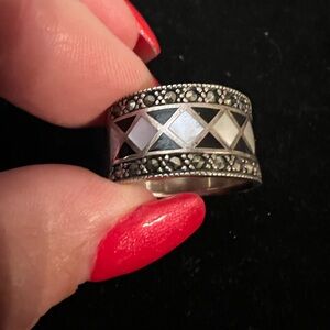 925 STERLING SILVER WIDE BAND  MOP, BLACK ONYX and MARCASITES